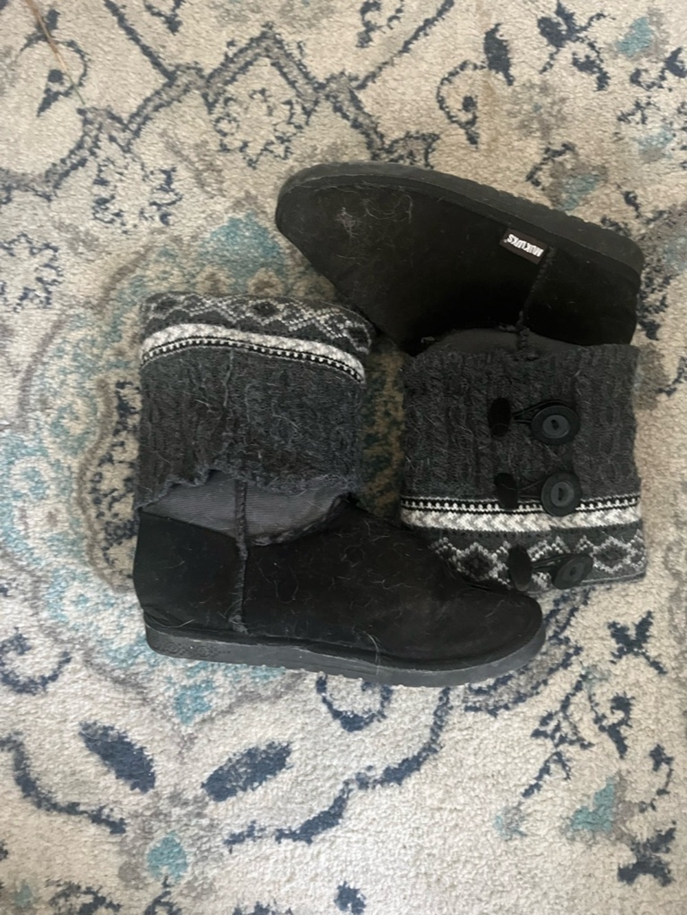 Black Knit-Trim Button Booties